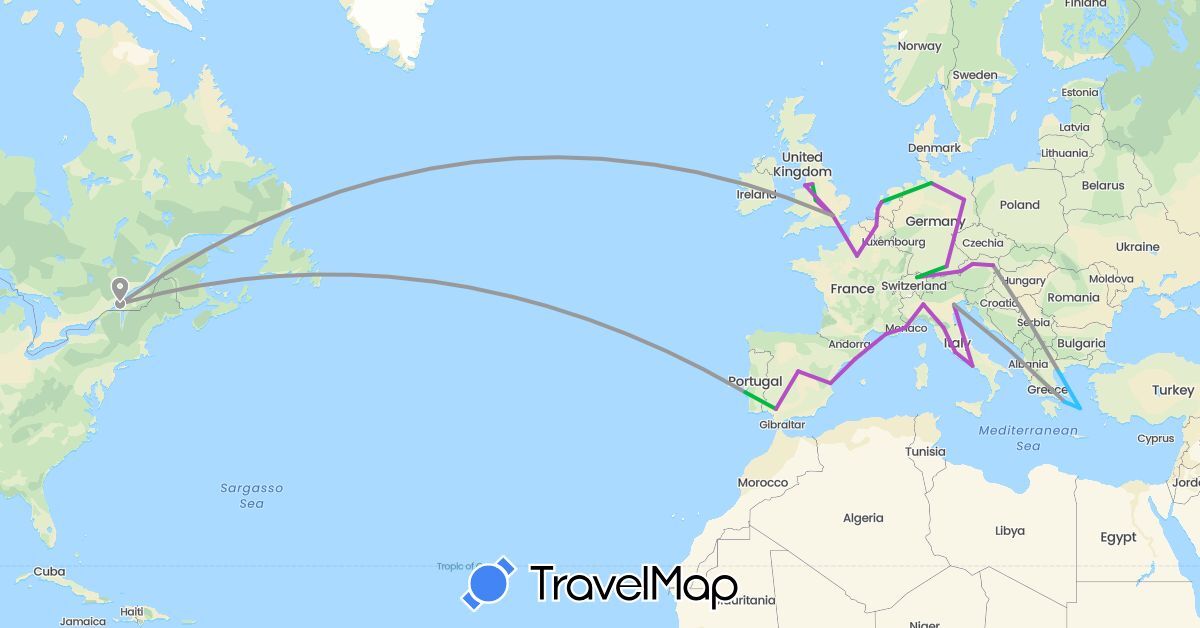 TravelMap itinerary: driving, bus, plane, train, boat in Austria, Belgium, Canada, Switzerland, Germany, Spain, France, United Kingdom, Greece, Italy, Netherlands, Portugal (Europe, North America)